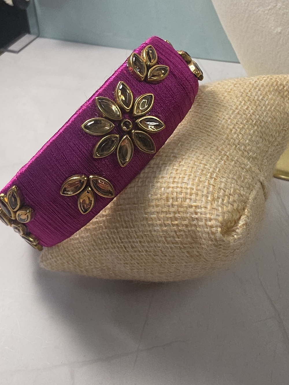 Fuchsia Silk Wrap Bracelet with Gold Floral Accents